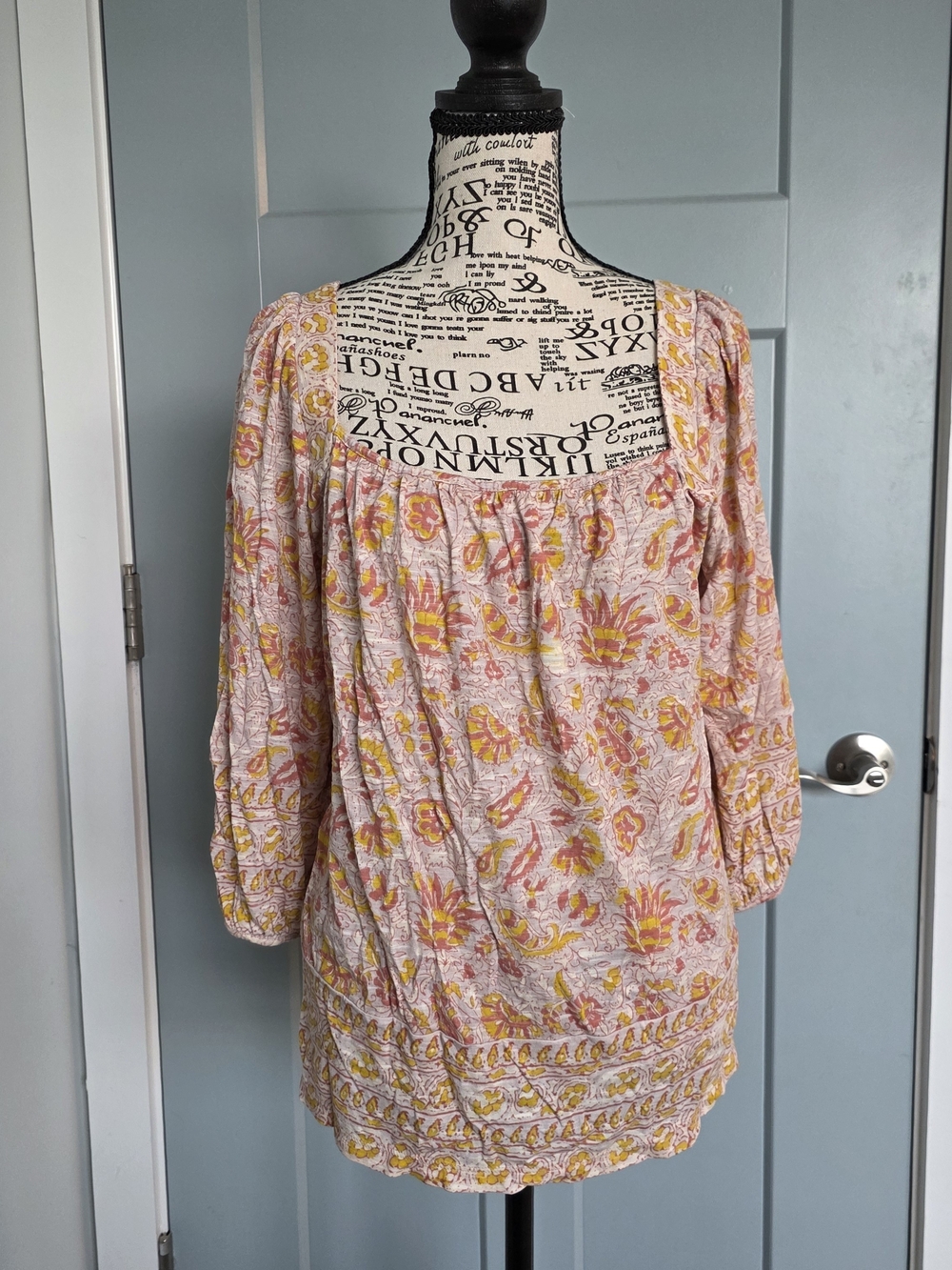 Lucky Brand Boho Block Print Square Neck Floral Peasant Blouse Medium
